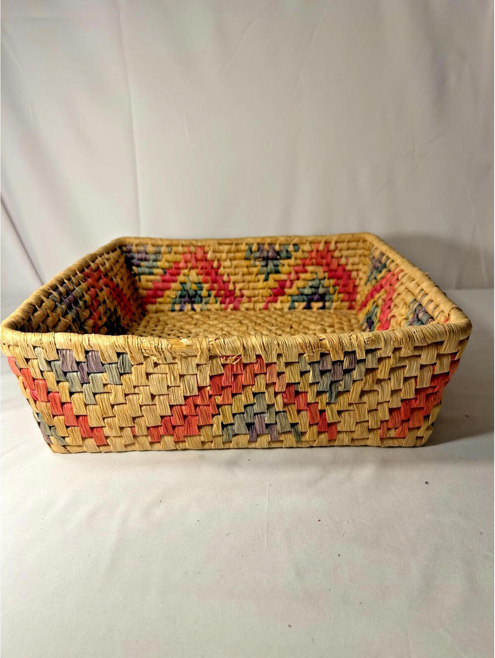 Vintage Handwoven Geometric Basket 1970s Boho Retro Grass Wicker Tray